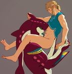  2017 anthro bottomless breath_of_the_wild butt clothed clothing duo eyes_closed fish holding_(disambiguation) humanoid hylian licking link male male/male marine muscular nintendo open_mouth sidon_(zelda) siij simple_background size_difference soles the_legend_of_zelda tongue tongue_out video_games zora 