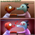  &lt;3 2017 alligator anthro blush canine clothing crocodile crocodilian cute date dialogue dog embarrassed english_text eyewear garbo_(nitw) glasses hand_holding happy holding_(disambiguation) male male/male malloy_(nitw) mammal necktie night_in_the_woods reptile sad scalie shirt sleufoot t-shirt table text 