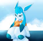  anthro big_breasts black_sclera blue_eyes blue_fur breasts clothed clothing clothing_lift cloud dessert eeveelution elfdrago female food frozen_yoghurt fur glaceon hair hi_res huge_breasts ice_cream long_hair navel nintendo nipples outside pok&eacute;mon pok&eacute;morph shirt shirt_lift sky solo video_games water 