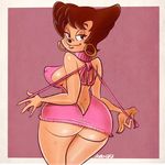  2017 albo anthro big_butt breasts butt canine clothed clothing digital_media_(artwork) disney ear_piercing female goof_troop hair hi_res looking_at_viewer mammal mature_female peg_pete piercing simple_background smile solo sweater thick_thighs wide_hips 