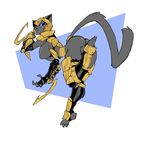  anthro armor bigdad breasts butt feline female looking_back mammal melee_weapon narrow_waist nipples polearm scythe simple_background solo standing weapon 