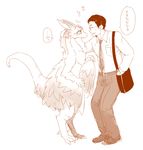  blush clothed clothing dialogue dragon duo eyelashes eyes_closed female fully_clothed fur furred_dragon grin hair handbag human japanese_text male mammal necktie petting shido_ya smile speech_bubble text translation_request wings 