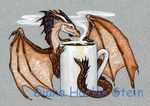  beverage blue_eyes brown_scales coffee cup dhstein dragon feral grey_background horn membranous_wings scales simple_background solo steam wings 