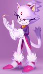  anthro black_nose blaze_the_cat clothing dipstick_tail feline female footwear fur gloves hair hi_res knockabiller mammal multicolored_tail orange_eyes ponytail purple_fur purple_hair smile solo sonic_(series) video_games 