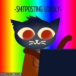  2017 ambiguous_gender animated anthro black_fur cat computer descriptive_noise descriptive_text dyed_fur english_text feline fur hair happy humor laptop mae_(nitw) mammal night_in_the_woods noodle_arms rainbow shitposting sleufoot smile solo text whiskers 