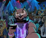  alcohol ambiguous_gender anthro armpit_hair avian beverage billmund bird canine cervine clothed clothing dancing deer detailed_background feline female fox group headphones headphones_around_neck hi_res inside lagomorph leopard male mammal nightclub owl rabbit selfie smile snow_leopard standing sweat 