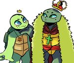  2017 anthro blue_eyes blush cape clothed clothing cross crown duo eye_contact freckles green_eyes hand_under_chin inkyfrog jewelry male michelangelo_(tmnt) necklace raphael_(tmnt) reptile ring scalie shell simple_background standing teenage_mutant_ninja_turtles turtle white_background 