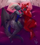  anthro bed breasts canine dragon duo featureless_breasts featureless_crotch female fur glade_pedal hair hi_res lying male male/female mammal nite on_side pillow red_eyes red_fur scales 