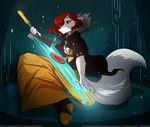  16:10 2017 anthro better_version_at_source boots canine clothed clothing dress female fluffy fluffy_tail footwear fur glowing green_eyes hair hi_res holding_object hood jacket keidran mammal melee_weapon pose red_hair roselyn_(twokinds) simple_background sitting solo sword tom_fischbach transistor twokinds weapon webcomic white_fur wolf 