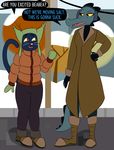  2017 alligator anthro bea_(nitw) black_fur boots brick cat clothing coat crocodilian ear_muffs feline footwear fur gloves happy hat invalid_tag jacket mae_(nitw) mammal mittens night_in_the_woods outside parka pole raised_eyebrow reptile sarcasticcartoonist_(artist) scalie sidewalk smile tails_(disambiguation) teeth thigh-high_boots tongue trenchcoat winter 