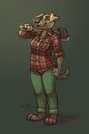  2017 anthro axe barefoot canine claws clothing dog female green_eyes holding_object labrador_retriever mammal melee_weapon pants sepia_(artist) shirt simple_background smile solo standing toe_claws weapon 