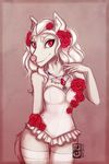  anthro canine claws clothing corset felidre_(artist) flower fur hair jewelry legwear lingerie long_hair looking_at_viewer mammal necklace pink_nose plant red_eyes rose signature smile solo stockings white_fur white_hair wolf 
