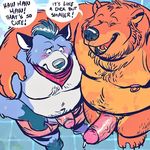  anthro bandanna bear blush canine dialogue dramamine duo english_text erection humanoid_penis humiliation laugh male mammal nipple_piercing nipples open_mouth overweight penis penis_size_difference piercing short_penis smile standing sweat sweatdrop text thick_penis unzipped 