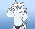  ambiguous_gender bee_the_cat blue_background cat clothing digital_media_(artwork) feline fur green_eyes grey_fur hair headband mammal pink_nose qtipps shirt short_tail simple_background solo tongue tongue_out underwear v_sign white_fur white_hair 