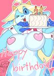  2017 4_fingers anthro big_breasts birthday blonde_hair blush bottomless bovine breasts cake candle cattle clothed clothing dessert digital_media_(artwork) english_text eyewear female food front_view glasses hair happy hi_res horn human kix_(irootie) looking_at_viewer mammal navel o-den open_mouth partially_clothed pasties plate solo_focus teeth text 