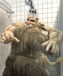  2017 absurd_res anthro balls bear biceps big_hands black_nose blush brown_balls brown_fur brown_tail butt clenched_teeth dendoro dripping duo eyebrows eyes_closed front_view fur grizzly_bear hi_res hug humanoid_hands male male/male mammal muscular muscular_male nude open_mouth overweight overweight_male porcine short_tail shower snout standing surprise tail_tuft tan_fur tan_tail teeth thick_thighs tuft warthog wet 