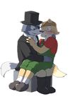  blush clothing couple_(disambiguation) duo eye_patch eyewear fox_mccloud hand_on_chest hand_on_shoulder hat male malexmale nintendo on_lap overalls shinki_k simple_background sitting sitting_on_lap star_fox sweat top_hat video_games white_background wolf_o&#039;donnell 