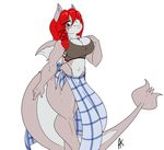  2017 5_fingers anthro appelknekten big_breasts blush breasts cleavage clothed clothing equine eyebrows eyelashes fan_character female fish green_eyes hair horse hybrid mammal marine my_little_pony pony pose red_hair scylla shark simple_background solo standing thick_thighs white_background 