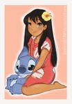  2014 alien anime black_eyes black_hair blue_claws blue_fur blue_nose blush border brown_eyes chest_tuft claws disney duo experiment_(species) flower fur hair head_tuft hibiscus human jackfreak1994 lilo_and_stitch lilo_pelekai looking_at_viewer mammal muumuu plant simple_background smile stitch tuft url white_border 