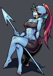  abs anthro bare_shoulders barefoot blue_skin chair eye_patch eyewear female fish hair marine melee_weapon muscular muscular_female polearm ponytail red_hair sido sido魂 sitting solo spear undertale undyne video_games weapon 