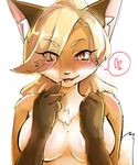  &lt;3 2017 anthro blush breasts brown_fur bust_portrait canine covering covering_breasts eyebrows eyelashes female fox fur hair hair_over_eye inner_ear_fluff kinokoningen long_hair looking_at_viewer mammal multicolored_fur nude portrait simple_background solo speech_bubble white_background white_fur yellow_fur 