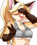  2017 anthro blonde_hair breasts brown_fur bust_portrait canine clothing covering_face female fox front_view fur gloves_(marking) hair inner_ear_fluff kinokoningen long_hair mammal markings multicolored_fur open_mouth orange_fur ponytail portrait shirt signature simple_background solo sweat tank_top tongue tongue_out under_boob v_sign white_background white_fur 