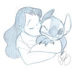  2014 absurd_res alien claws disney duo experiment_(species) eyes_closed fur hair head_tuft hi_res holding_character hug jackfreak1994 kissing lilo_and_stitch long_hair nani_pelekai notched_ear one_eye_closed pencil_(artwork) signature simple_background smile stitch traditional_media_(artwork) tuft upscale white_background 