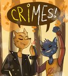  2017 4_fingers ambiguous_gender anthro canine cat clothed clothing day digital_media_(artwork) duo english_text eyes_closed feline fox fur gregg_(nitw) grey_fur hi_res high_five jacket johnatanfrej mae_(nitw) mammal night_in_the_woods orange_fur outside raised_arm shirt simple_background smile speech_bubble sweater text tree 