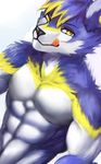  abs agonylight biceps bunic canine clothed clothing digital_media_(artwork) hair hi_res male mammal muscular pecs solo standing topless triceps wolf yellow_eyes 