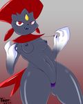  anthro anthrofied bikini black_nose breasts claws clothing digital_media_(artwork) fangs female looking_at_viewer navel nintendo nipples open_mouth pok&eacute;mon red_eyes simple_background solo swimsuit thick_thighs toot6 video_games weavile wide_hips 