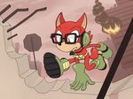  2017 anthro biped black_nose boots building canine cheek_tuft city clothing custom_character_(sonic_forces) digital_drawing_(artwork) digital_media_(artwork) eyewear fangs fire footwear frown full-length_portrait fur glasses gloves headphones headset jumping looking_down male mammal outside portrait red_fur red_tail runs satchel solo sonic_(series) sonic_forces stop_sign tan_skin tuft wolf yellow_eyes yellowhellion 