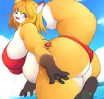  akitaka anthro belly big_breasts big_butt bikini blonde_hair blue_eyes blush breasts butt canine clothed clothing cute_fangs fangs female fluffy fluffy_tail fox fur hair huge_breasts kemono long_hair looking_at_viewer mammal markings open_mouth outside overweight overweight_female pawpads sky smile socks_(marking) solo standing swimsuit thick_thighs voluptuous water wet white_fur yellow_fur 