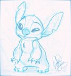  2013 4_fingers 4_toes alien blue_and_white chest_tuft claws disney experiment_(species) head_tuft hi_res jackfreak1994 lilo_and_stitch looking_at_viewer monochrome notched_ear signature simple_background sketch solo standing stitch toes tuft white_background 