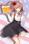  alcohol alternate_costume american_flag beer blue_eyes blush breasts brown_hair dress enchuu flag_background highres kantai_collection large_breasts long_hair long_sleeves looking_at_viewer meme_attire oktoberfest saratoga_(kantai_collection) side_ponytail smile solo tray virgin_killer_outfit 