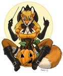  2012 anthro black_fur blonde_hair bodice boots bow breasts canine caribou_(artist) cleavage clothed clothing female fishnet footwear fox fur gloves green_eyes hair halloween hat holidays jack-o&#039;-lantern magic_user mammal orange_fur solo wand white_fur witch witch_hat 