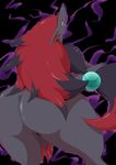  2017 abstract_background big_butt biidama butt female fur hair looking_at_viewer looking_back nintendo pok&eacute;mon ponytail red_hair solo tagme thick_thighs video_games zoroark 