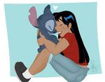  &lt;3 2014 5_fingers aged_up alien back_markings black_hair blue_background blue_fur blue_nose chest_tuft clothed clothing cuddling disney duo experiment_(species) eyes_closed footwear fur hair head_tuft human jackfreak1994 legwear lilo_and_stitch lilo_pelekai long_hair mammal markings notched_ear nude pants red_shirt shirt shoes signature simple_background smile socks stitch tuft 