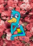  2017 3_fingers anthro avian beak biped bird blue_body clothing digital_drawing_(artwork) digital_media_(artwork) duck eyelashes flower garrett-strangelove girly half-closed_eyes half-length_portrait head_tuft humanoid_hands looking_away male photo_background pink_theme plant portrait purple_eyes queer_duck_(character) queer_duck_(series) rainbow_symbol raised_arm shirt smile solo yellow_beak 