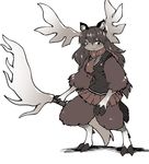  3_fingers 3_toes alternate_species anthro anthrofied antlers black_eyes black_hair breasts brown_fur cervine clothed clothing female fur hair holding_object holding_weapon horn kemono_friends long_hair mammal moose moose_(kemono_friends) shirt sigmarion skirt solo toes weapon 
