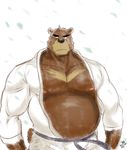  2014 anthro bear belly big_belly black_belt black_eyebrows black_eyes black_nose brown_belly brown_fur brown_tail chest_markings clothed clothing digital_drawing_(artwork) digital_media_(artwork) eyebrows front_view frown fur half-length_portrait hi_res itsdhani japanese_clothing juuichi_mikazuki looking_away male mammal markings morenatsu multicolored_fur muscular muscular_male nipples overweight overweight_male pecs pink_nipples portrait signature simple_background solo standing tan_fur tan_markings two_tone_fur white_background white_clothing 