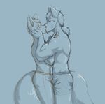  2017 anthro canine clothed clothing comic couple_(disambiguation) duo eye_patch eyewear fox fox_mccloud greyscale hi_res kissing male male/male mammal monochrome muscular muscular_male nintendo nukde ponytail star_fox topless video_games wolf wolf_o&#039;donnell 