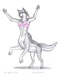  2003 bottomless breasts canine chakona_space clothed clothing female fur grey_fur grey_hair hair lupu mammal nipple_bulge opal_weasel shirt simple_background solo tank_top taur white_background white_belly wolf wolftaur 