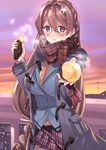  absurdres blush braid breasts checkered checkered_scarf checkered_skirt cowboy_shot duffel_coat flower food glasses gotou_masaki hair_between_eyes hair_flower hair_ornament highres holding holding_food large_breasts long_hair looking_at_viewer low-tied_long_hair mone-san_no_majime_sugiru_tsukiaikata outdoors purple_hair purple_skirt rimless_eyewear scarf school_uniform skirt smile solo sweet_potato twin_braids very_long_hair yozakura_momone 