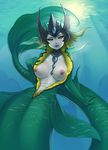  black_sclera breasts breasts_outside closed_mouth fins green_hair hand_up headpiece highres jewelry jiffic large_breasts league_of_legends looking_at_viewer mermaid monster_girl multicolored multicolored_skin nami_(league_of_legends) necklace nipples red_eyes short_hair smile solo underwater 