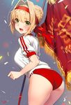  absurdres ahoge ass blonde_hair blush braid buruma confetti double_vertical_stripe fate/extra fate_(series) flag french_braid green_eyes gym_uniform hair_intakes highres long_hair looking_at_viewer nero_claudius_(fate) nero_claudius_(fate)_(all) olympian_bloomers smile solo thighs yang-do 