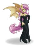  2016 absurd_res ambris anthro anthrofied armwear bare_shoulders bat_pony bat_wings blush breasts cleavage clothed clothing collar cutie_mark dress elbow_gloves equine eyebrows eyelashes fangs female flutterbat_(mlp) fluttershy_(mlp) friendship_is_magic gloves hair half-closed_eyes hand_on_hip hi_res jewelry legwear long_hair looking_at_viewer mammal membranous_wings my_little_pony necklace open_mouth pink_hair red_eyes simple_background solo standing thigh_highs tongue tongue_out white_background wings 