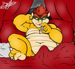  2017 3_toes bed bedding belly benjipaws big_belly bowser bulge convenient_censorship erection feet hair koopa lying male mario_bros nintendo overweight phone pillow red_hair scalie signature solo toes video_games 
