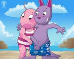  anthro assisted_exposure austin_(backyardigans) backyardigans beach blargsnarf clothing cub detailed_background digital_media_(artwork) erection hi_res humanoid_penis kangaroo long_foreskin looking_down male mammal marsupial penis seaside shorts swimsuit uncut uniqua unknown_species watermark young 