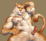  2017 abs anthro balls biceps big_muscles black_sclera brown_fur cock_ring erection feline front_view fur golden_tiger hand_behind_head humanoid_penis male mammal multicolored_fur muscular muscular_male neck_tuft nipple_piercing nipples nude pecs penis piercing pockyrumz portrait precum pubes reclining simple_background solo three-quarter_portrait tiger tuft two_tone_fur vein white_fur 
