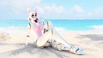  3d_(artwork) animatronic anthro beach breasts canine claws digital_media_(artwork) disembowell_(artist) featureless_breasts female five_nights_at_freddy&#039;s five_nights_at_freddy&#039;s_2 fox funtime_foxy_(fnaf) hair lips lipstick looking_at_viewer machine makeup mammal mangle_(fnaf) nude open_mouth outside robot sand seaside sitting solo teeth toe_claws video_games water waving white_body white_hair yellow_eyes 